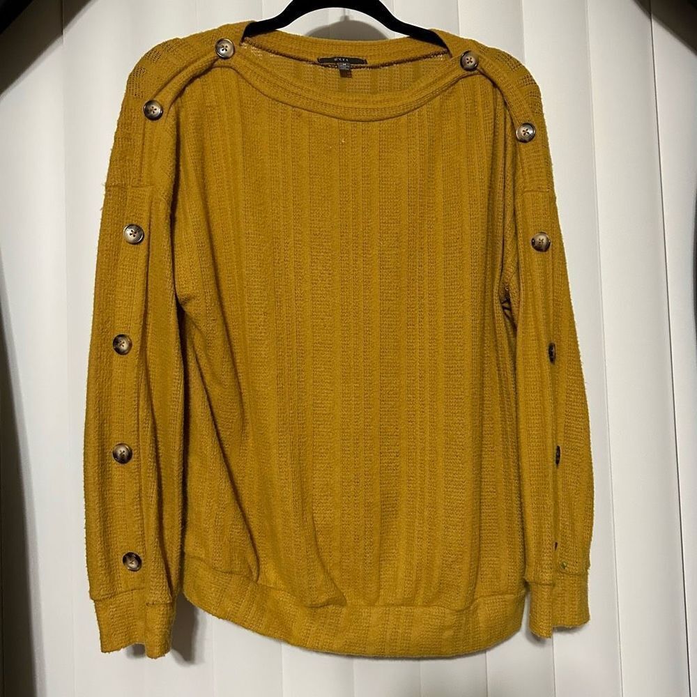 GYFT mustard colored sweater with cute buttons going up/down both sleeves